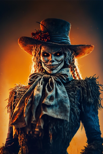 Een griezelig Halloween Scarecrow-personage met een hol gezicht en klassieke kostuums met een heksenhoed erop