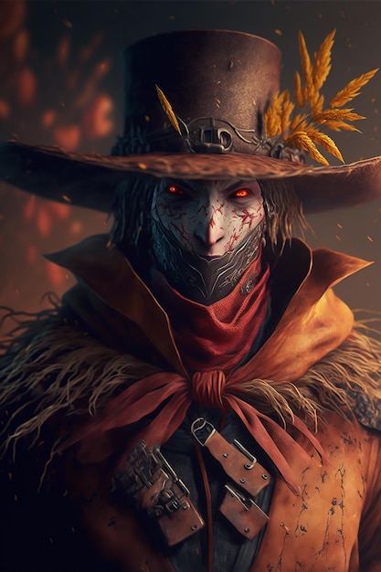 Een griezelig Halloween Scarecrow-personage met een hol gezicht en klassieke kostuums met een heksenhoed erop