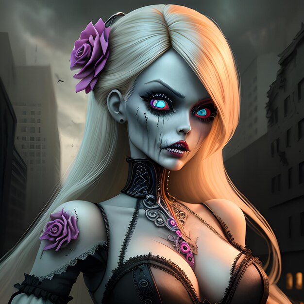 een griezelig portret van een blond gotisch zombiemeisje op een apocaliptische achtergrond