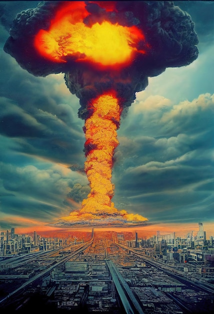 Een griezelige explosie van een atoombom in een metropool. Een nucleaire apocalyptische catastrofe