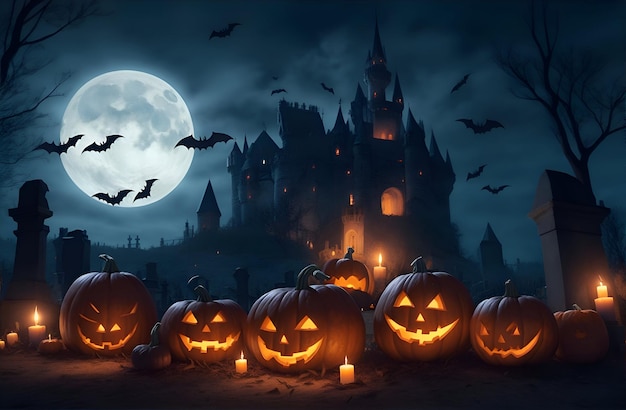 Een griezelige Halloween-achtergrond met enge pompoenen en spookkasteel