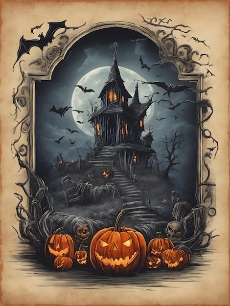 Een griezelige handgetekende illustratie van een Halloween-spreuk, weergegeven in een vintage noodlijdende illustratie