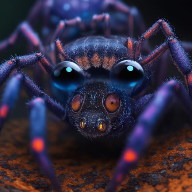 Een griezelige macro-spinachtige kruipt van dichtbij in focus kleurrijke middernacht