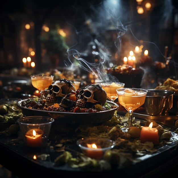 Een griezelige sfeer op een Halloween-feest waarbij de gasten verkleed zijn voor de gelegenheid en cocktails drinken