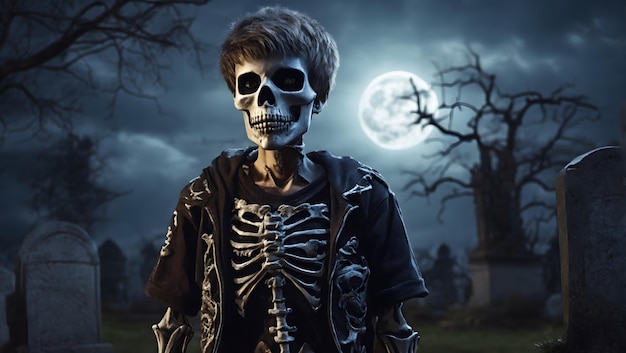 Een griezelige skeletjongen die een gescheurd t-shirt met Halloween-thema draagt en op een kerkhof staat