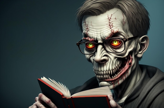 Een griezelige zombie met een bril die een boek leest in een donkere kamer portret van een zombie man generatieve ai