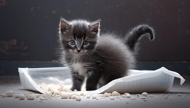 Een grijs katje met blauwe ogen staat in een witte kom met witte rijst.