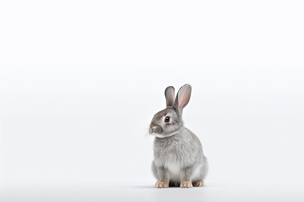 Een grijs konijntje zittend in een fotostudio met een witte achtergrond