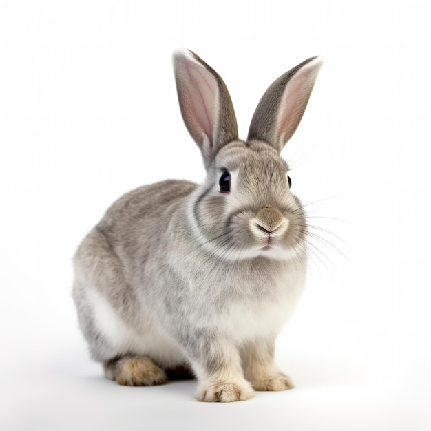 Een grijs-wit konijn met een zwarte neus en witte pootjes zit voor een witte achtergrond.