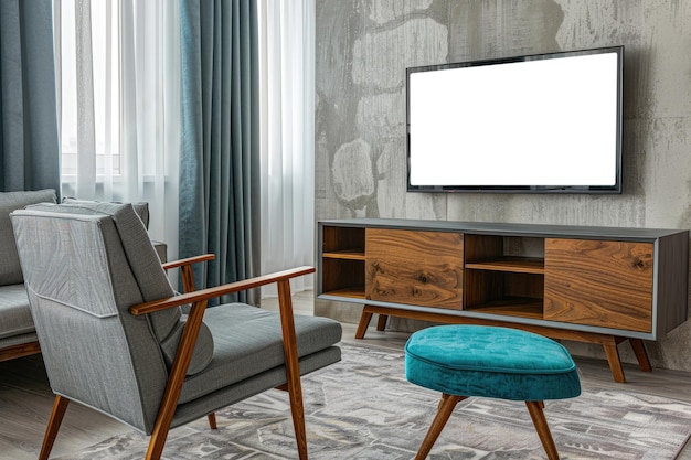 Een grijze bank en een turquoise fauteuil in contrast met een houten tv