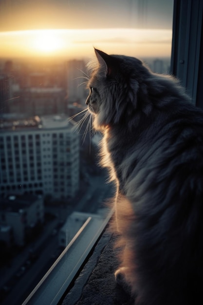 Een grijze kat die bij zonsondergang uit een raam kijkt