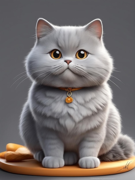 een grijze kat met een halsband waarop 'de naam' staat