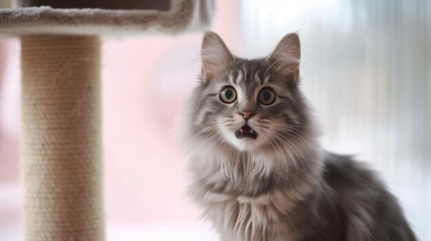 Een grijze kat met wijd geopende ogen en mond.