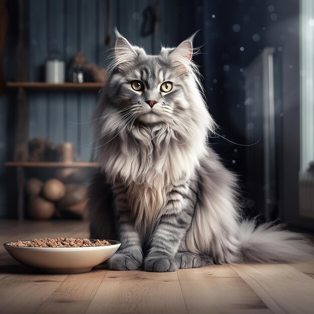 Een grijze langharige kat zit daar is een kom met eten voor hem