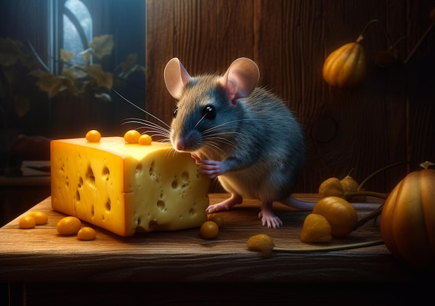 Een grijze muis die bij een groot stuk kaas zit Schattig ongedierte steelt voedsel in huis Close up Generative AI