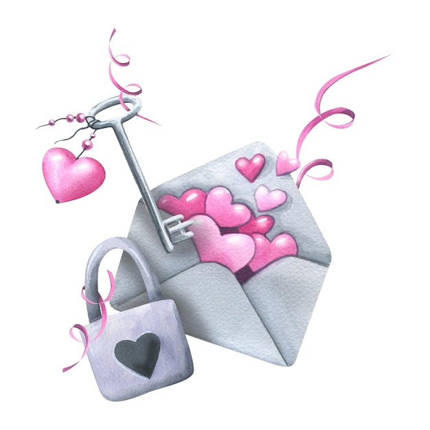 Een grijze papieren envelop met roze hartjes en linten een slot en sleutels Waterverfillustratie Samenstelling uit de VALENTIJNSDAG-collectie Voor de designdecoratie van ansichtkaarten posters kaarten