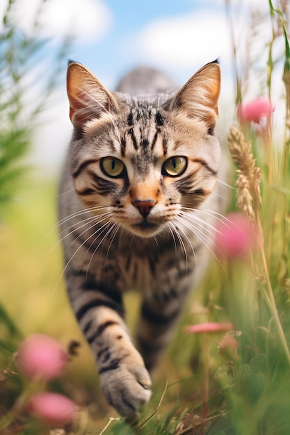 Foto een grijze tabby kat die in een veld loopt met groen gebladerte