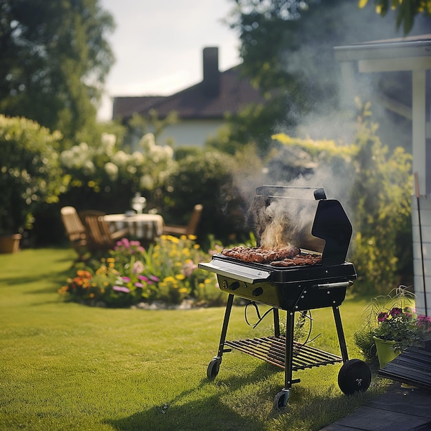 Foto een grill met een bbq in de achtertuin.