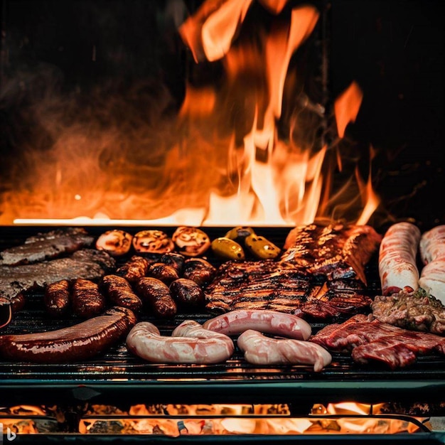 Een grill met een verscheidenheid aan vlees erop met vuur
