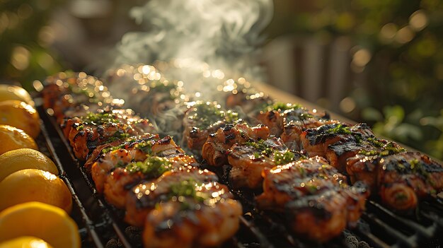 een grill met vlees en kebabs er op koken