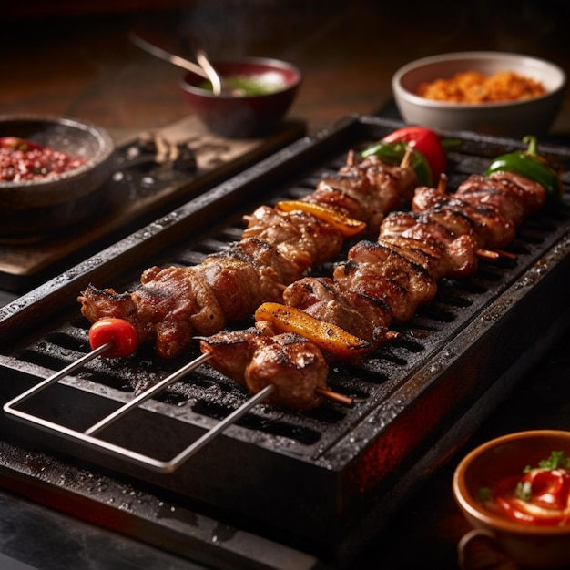 Een grill met vlees erop en een schaal met eten op de achtergrond.