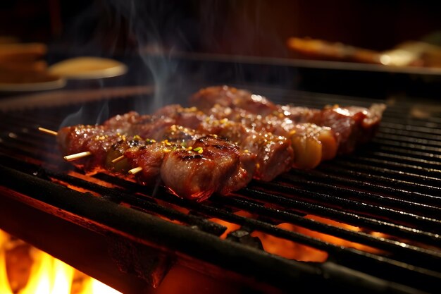 Een grill met vlees erop en een vuurtje op de achtergrond