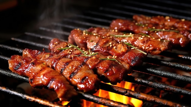 Een grill met vlees erop en het woord "bbq" op de grill.
