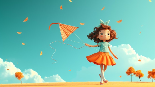 Foto een grillig cartoon meisje met levendig blauw haar en een besmettelijke glimlach vliegt vreugdevol een kleurrijke vlieger tegen een zonnige bewolkte hemel haar speelse mandarijn rok danst in de wind ad