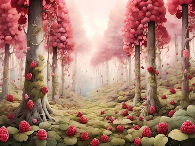Een grillig framboosbos met torenhoge bomen versierd met trossen rubijnrode bessen