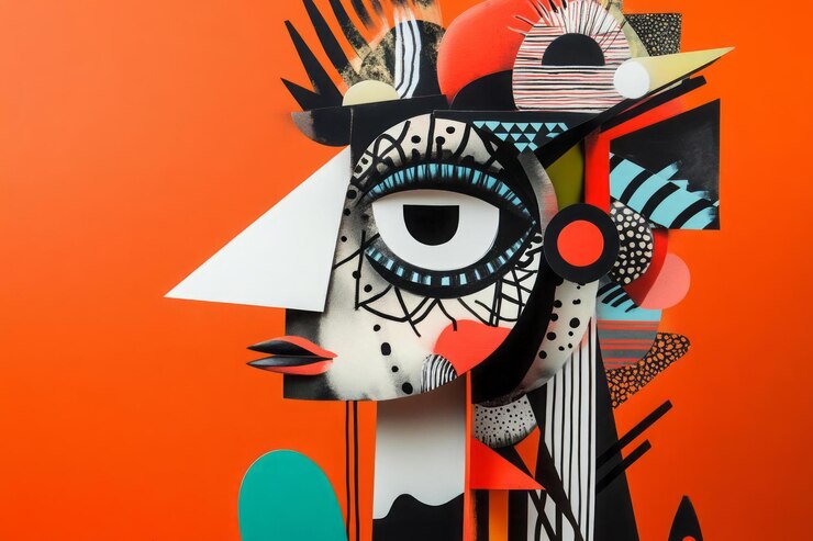 Foto een grillig karakterontwerp dat abstracte vormen en grafische elementen combineert met heldere strepen en speelse, vermakelijke details