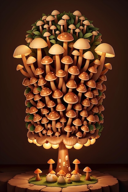 Een grillig surrealistisch patroon van paddenstoelen verlicht door een mysterieus licht