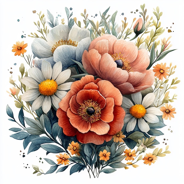 Een grillig waterverfboeket van pastelbloemen
