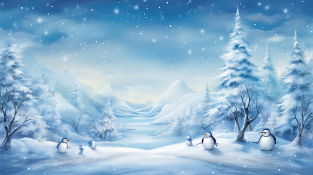 een grillig winterwonderland met schaatsende sneeuwmannen, speelse pinguïns en glinsterende ijspegels