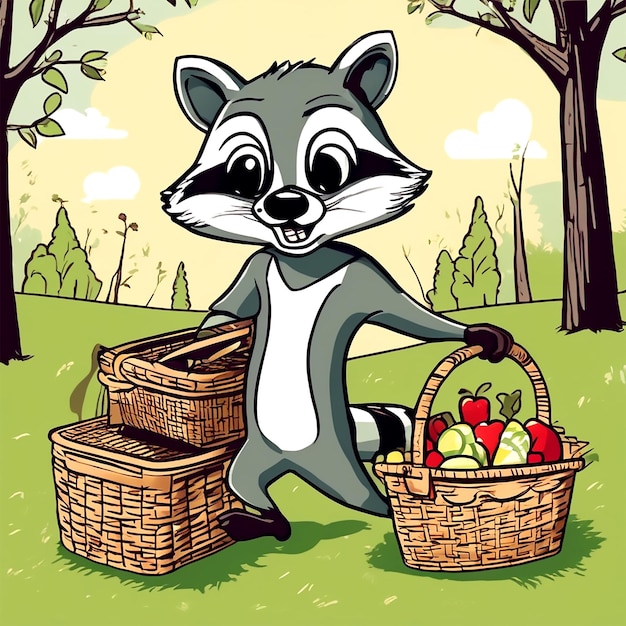 Een grillige cartoonscène van een ondeugende wasbeer die een picknickmand plundert