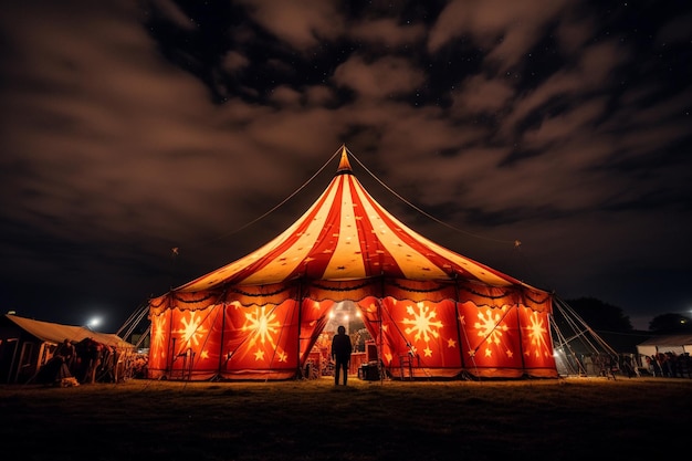 Een grillige circusvoorstelling onder een sterrenhemel.