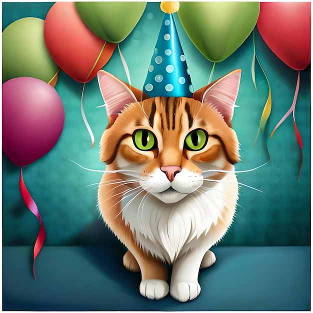 Een grillige illustratie van een kat met een feesthoed omringd door ballonnen