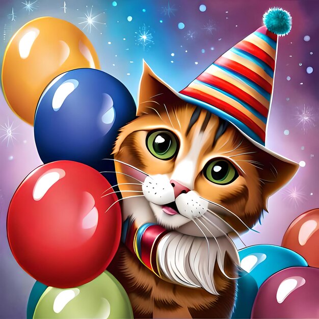Een grillige illustratie van een kat met een feesthoed omringd door ballonnen