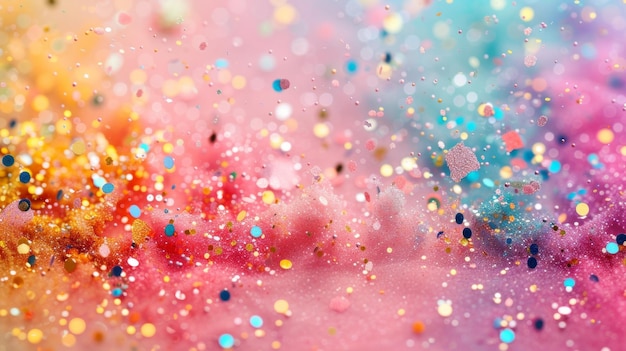 Een grillige pastel roze en veelkleurige glitter confetti achtergrond schitterend van geluk voor een kleine prinses39s feest regenboog glinster en eenhoorn motieven belichamen meisjesachtige jo AI generatieve