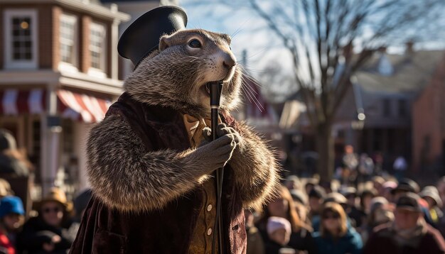 Foto een grillige scène op een groundhog day-festival met een gekostumeerd personage die de groundhog speelt