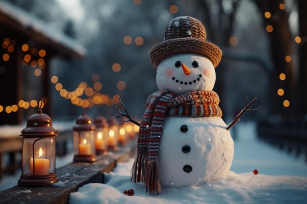 Foto een grillige sneeuwman die midden in een schilderachtig winterwonderland staat een charmant gezicht