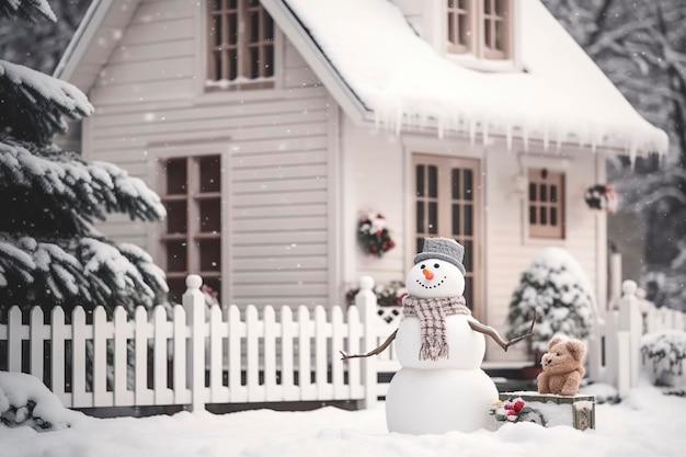 Een grillige sneeuwpop staat bij de ingang van een feestelijk versierd huis tijdens een sneeuwval AI Generated