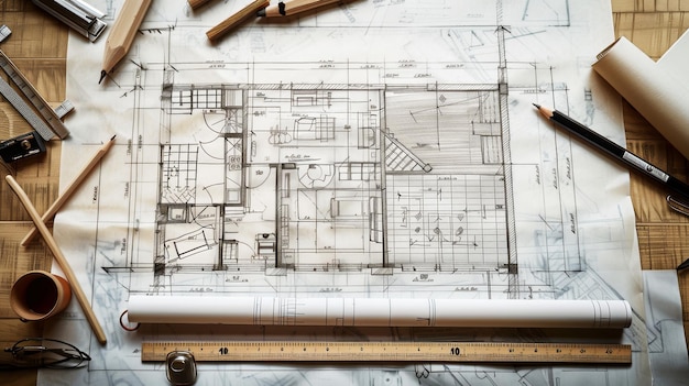 Foto een grillige tekening van een huis dat op een tafel zit, omringd door schetsen van renovatieprojecten en de