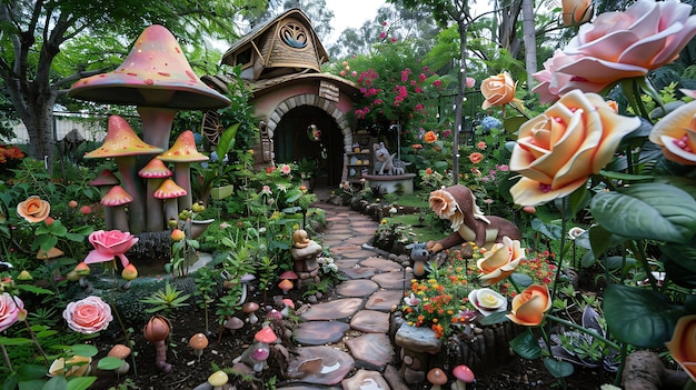 Een grillige tuin met een stenen pad dat naar een klein huisje leidt. De tuin zit vol met kleurrijke bloemen, paddenstoelen en andere grillige voorwerpen.