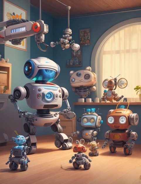 Een grillige weergave in cartoonstijl van een familie robots, elk met hun eigen unieke persoonlijkheden