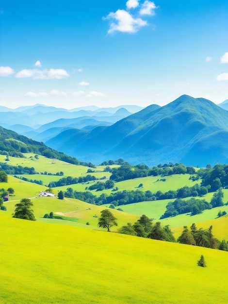Een groen berglandschap met een blauwe lucht en groene heuvels
