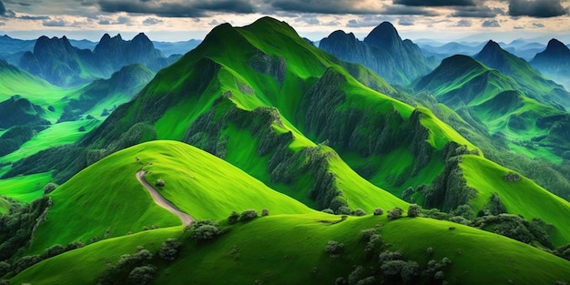 Een groen berglandschap met een weg op de voorgrond en een groene berg op de achtergrond.