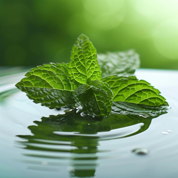 Foto een groen blad bovenop een plas water