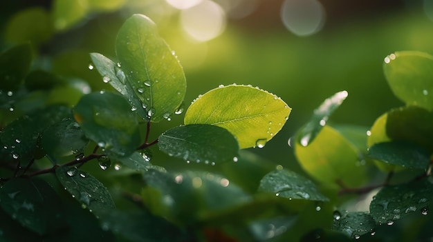 Een groen blad met dauwdruppels erop