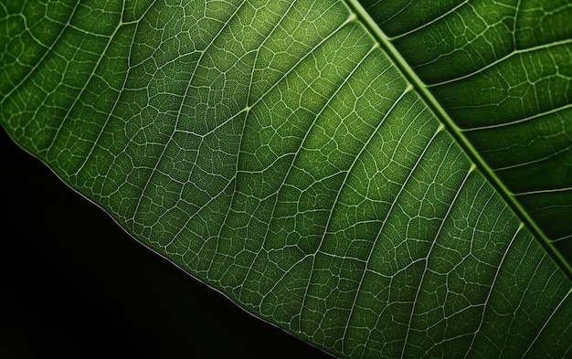 Een groen blad met een donkere achtergrond en een zwarte achtergrond.