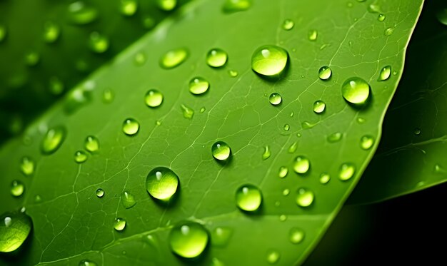 een groen blad met waterdruppels erop en een paar waterdruppels